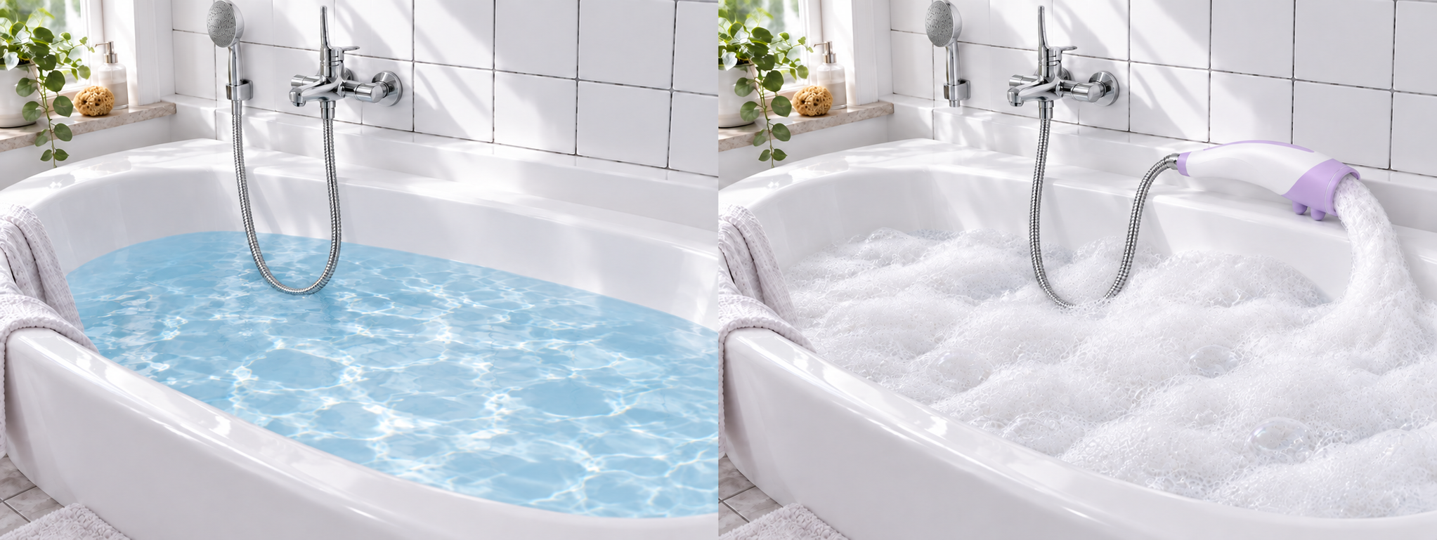 Visualisierung einer weißen Badewanne mit hellblauem Wasser und einer wandmontierten Chromarmatur bei Tageslicht.