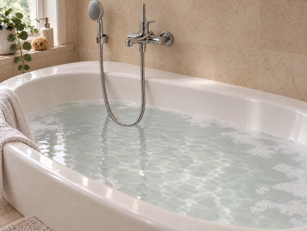 Visualisierung einer weißen Badewanne mit klarem Wasser, einem dünnen Schaumfilm am Rand und einer wandmontierten Chromarmatur bei Tageslicht.